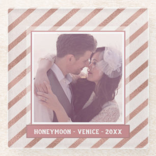 Rose Gold Striped Elegant Custom Photo and Text Glass Coaster