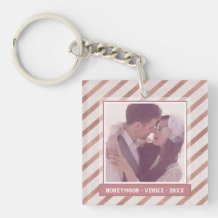 Rose Gold Striped Elegant Custom Photo and Text Key Ring