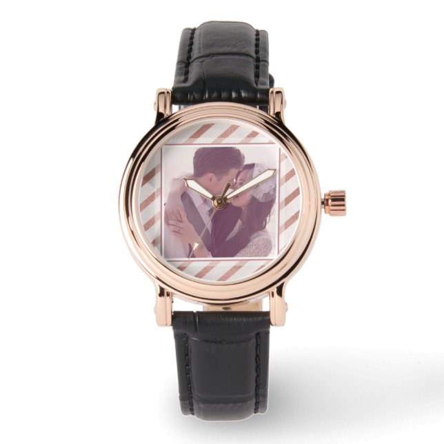 Rose Gold Striped Elegant Custom Photo Watch (Front)