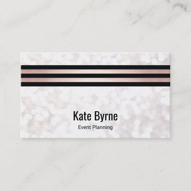 Rose Gold Striped Modern White Bokeh Glitter Business Card (Front)