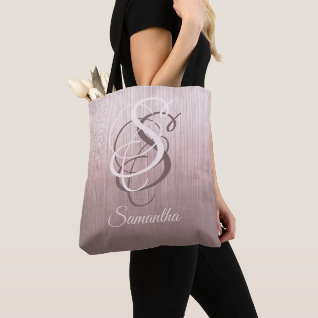 Rose Gold striped rustic monogram ombre Tote Bag (Close Up)