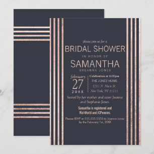 Rose Gold Stripes and Navy Blue Bridal Shower Invitation