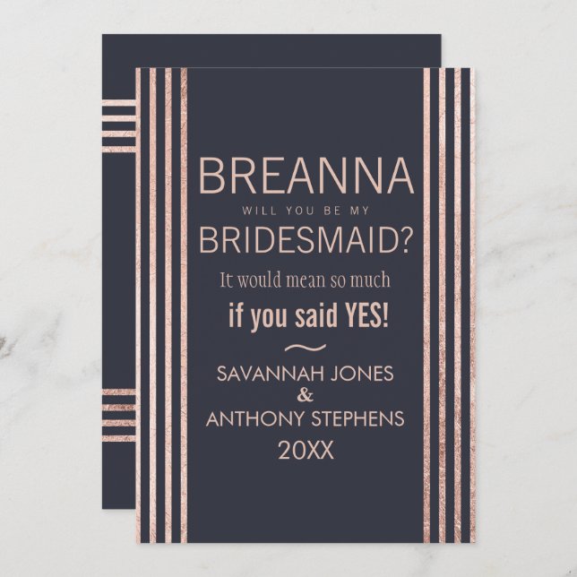 Rose Gold Stripes and Navy Blue Bridesmaids Invitation (Front/Back)