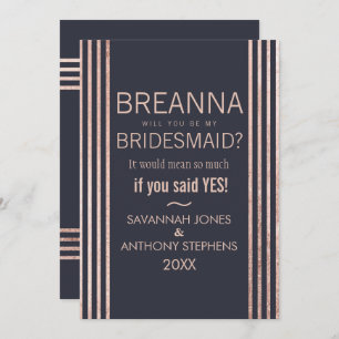 Rose Gold Stripes and Navy Blue Bridesmaids Invitation
