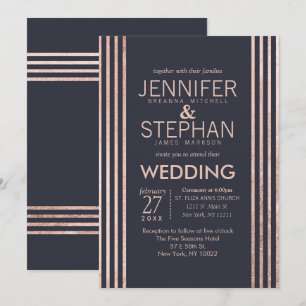 Rose Gold Stripes and Navy Blue Wedding Invitation