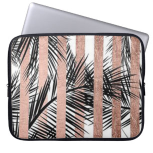 Rose Gold Stripes and Tropical Leafs Laptop Sleeve