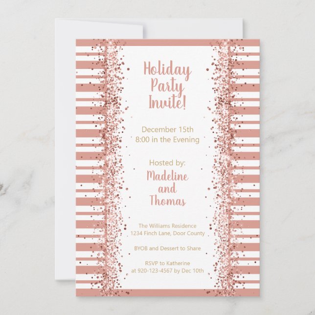 Rose Gold Stripes Glitter Holiday Party Invitation (Front)