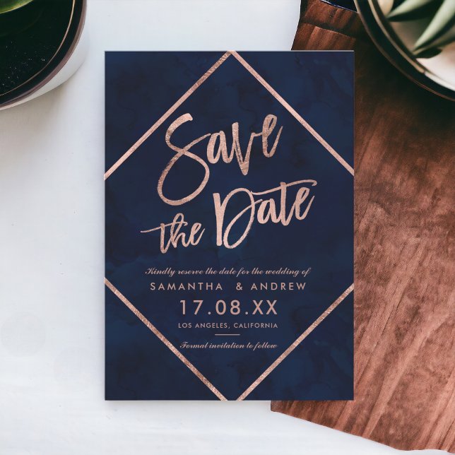 Rose gold stripes navy blue wedding save the date (Rose gold stripes navy blue wedding save the date)