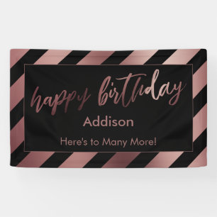 Rose Gold Stripes on Black Happy Birthday Banner
