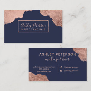 Rose gold strokes blue hair makeup typography business card