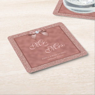  Rose Gold & Stylish Glitter Wedding Square Paper Coaster