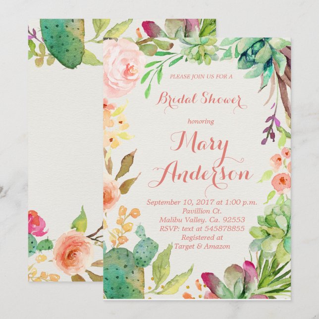 Rose Gold Succulent Floral Cactus Invitation (Front/Back)