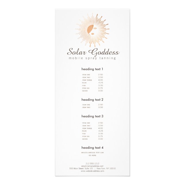 Rose Gold Sun Goddess Girl Spray Tanning Salon II Rack Card (Front)