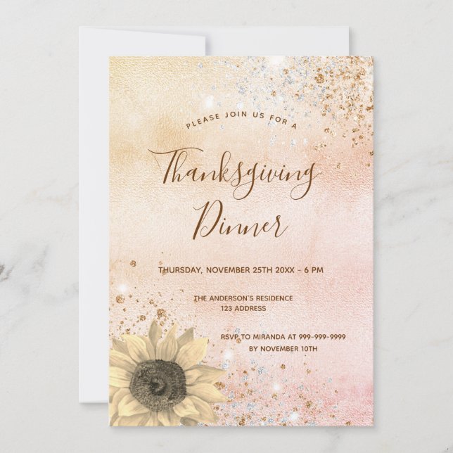 Rose gold sunflower Thanksgiving Dinner Invitation (Front)