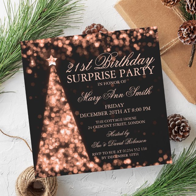 Rose Gold Surprise 21st Birthday Christmas Lights Invitation (Rose Gold Surprise 21st Birthday Christmas Lights Invitation)