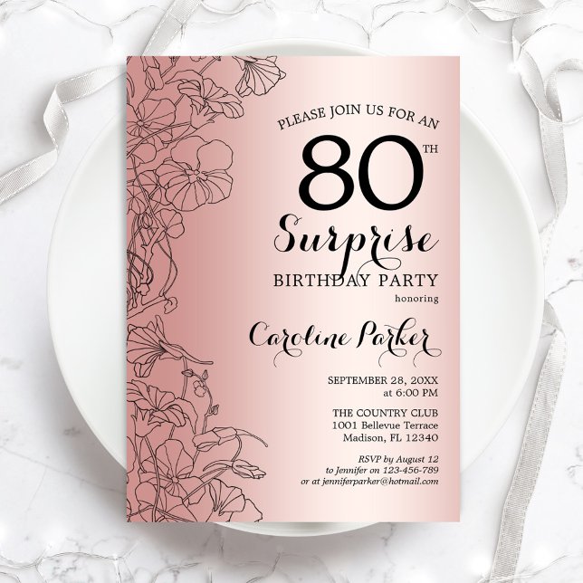 Rose Gold Surprise 80th Birthday Party Invitation (Creator Uploaded)