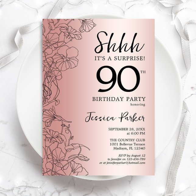 Rose Gold Surprise 90th Birthday Invitation (Creator Uploaded)