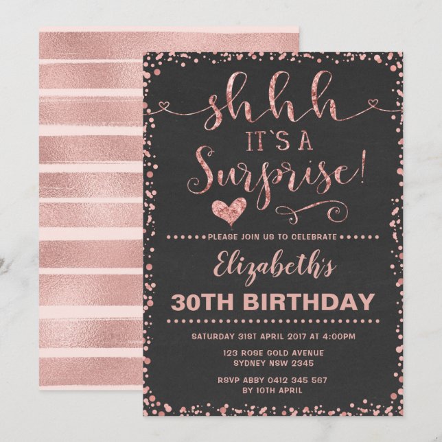 Rose Gold Surprise Birthday Party Women Glitter Invitation (Front/Back)