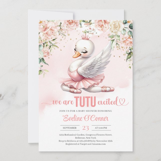 Rose gold swan tutu ballerina dress floral invitation (Front)