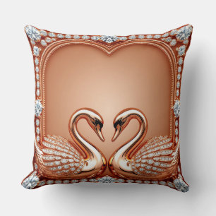 Rose Gold Swans Diamond Heart Ornate Romantic Love Cushion