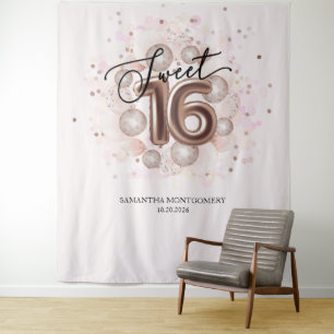 Rose Gold Sweet 16 Bday Balloons Pink Backdrop Tapestry