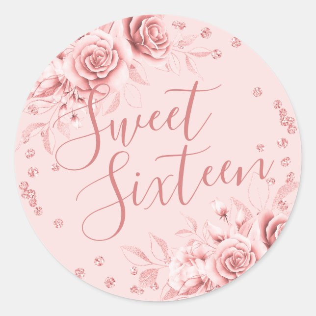 Rose Gold Sweet 16 Birthday Floral Glitter Classic Round Sticker (Front)
