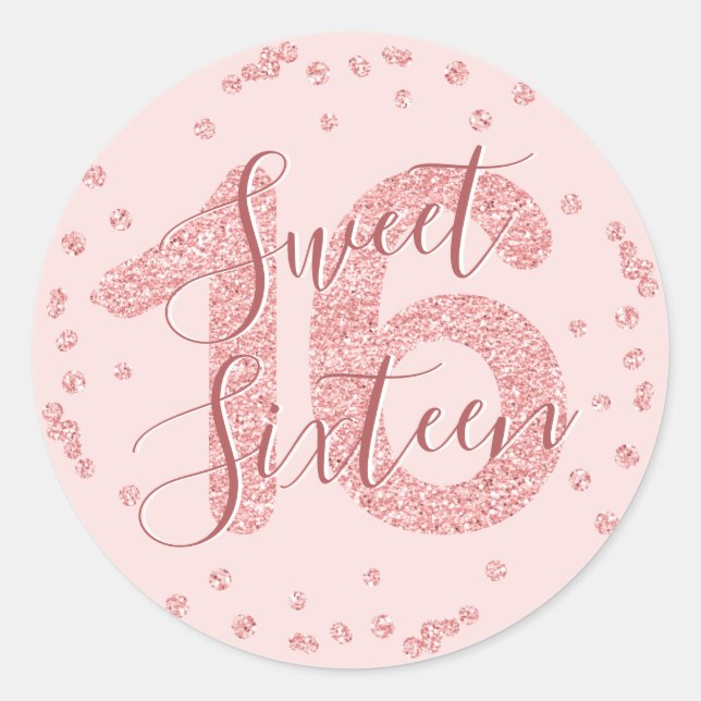 Rose Gold Sweet 16 Birthday Glitter Confetti Classic Round Sticker (Front)