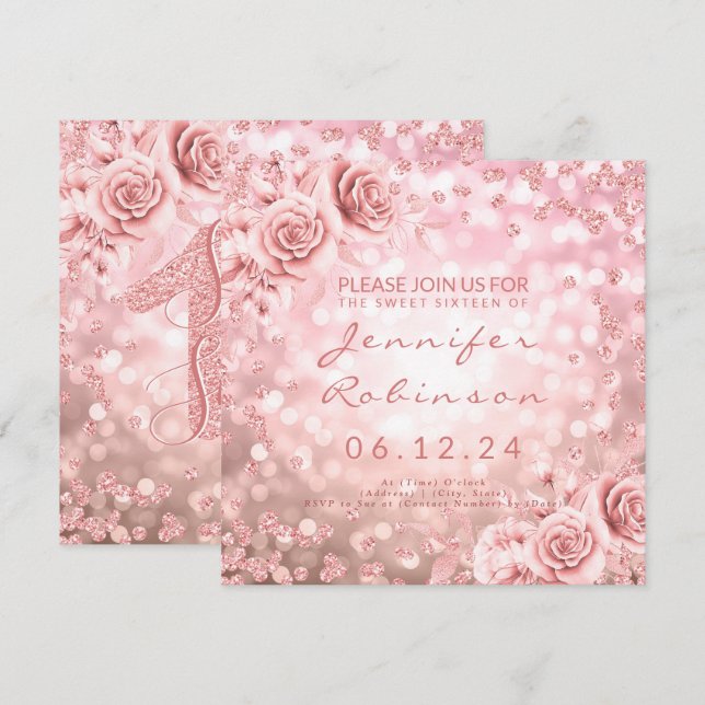 Rose Gold Sweet 16 Birthday Glitter Lights Floral Invitation (Front/Back)