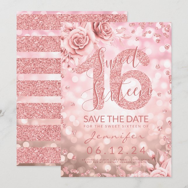 Rose Gold Sweet 16 Birthday Glitter Lights Floral Invitation (Front/Back)