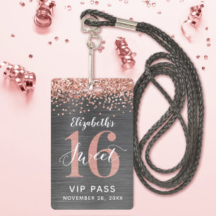 Rose Gold Sweet 16 Birthday VIP Badge ID Badge