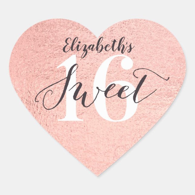 Rose Gold Sweet 16 Girl Birthday Heart Sticker (Front)