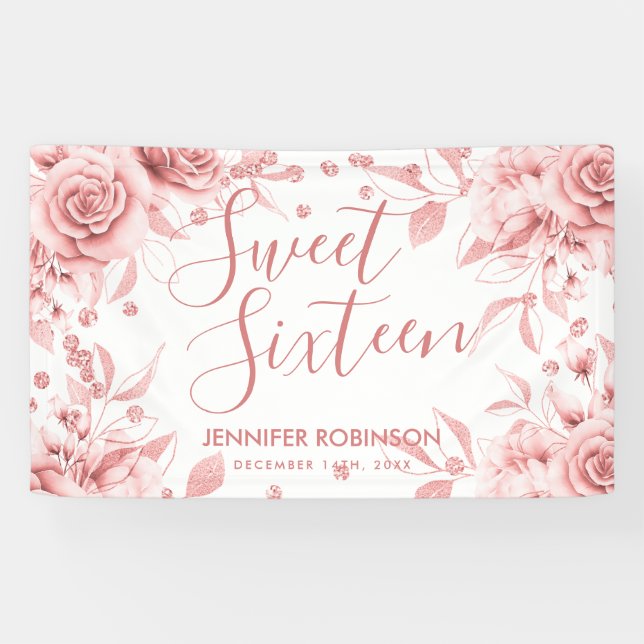 Rose Gold Sweet 16 Glitter Confetti Floral Banner (Horizontal)