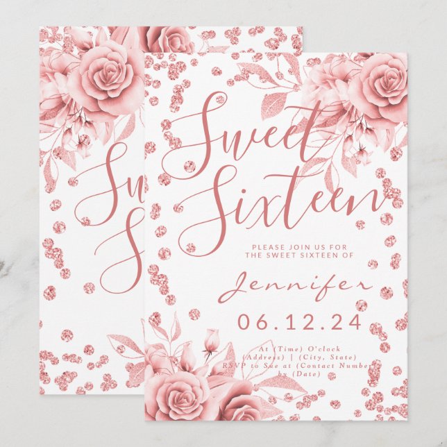 Rose Gold Sweet 16 Glitter Confetti Floral Invitation (Front/Back)