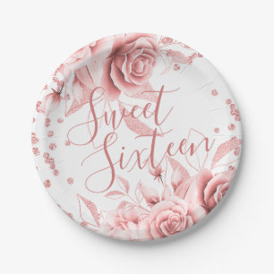 Rose Gold Sweet 16 Glitter Confetti Floral Paper Plate