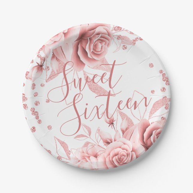 Rose Gold Sweet 16 Glitter Confetti Floral Paper Plate (Front)