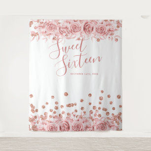 Rose Gold Sweet 16 Glitter Confetti Floral Tapestry