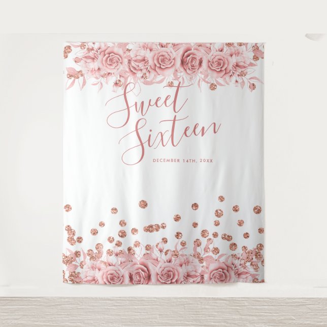 Rose Gold Sweet 16 Glitter Confetti Floral Tapestry (Front)