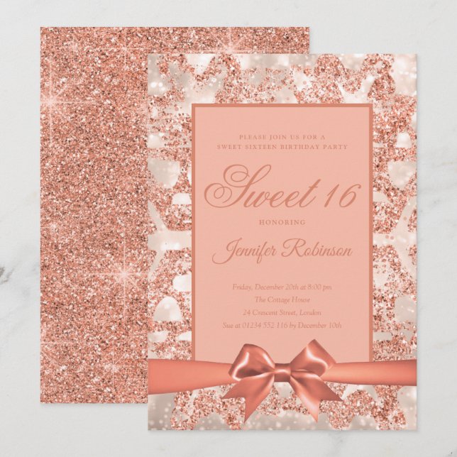 Rose Gold Sweet 16 | Winter Glitter Snowflake Invitation (Front/Back)