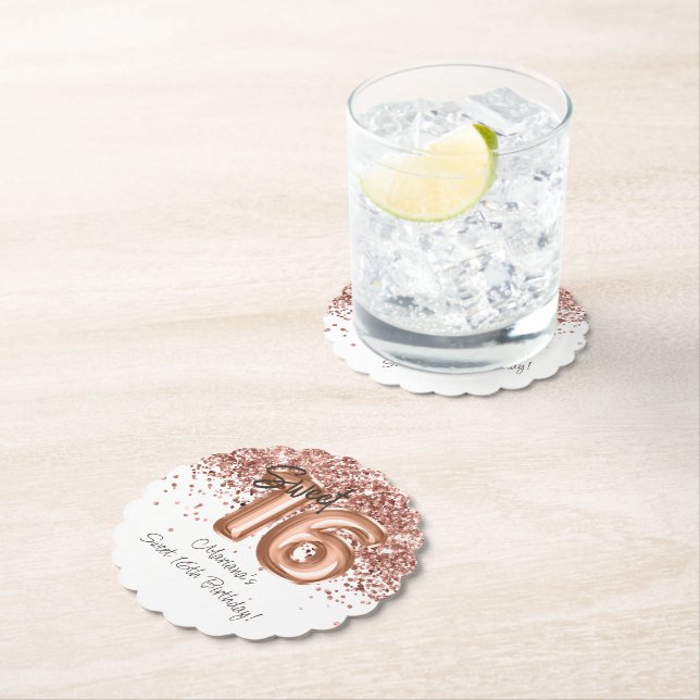  Rose Gold Sweet 16th Birthday Party Paper Coaster (Insitu)