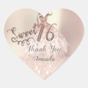 Rose Gold Sweet 16th Princess Heart Thank Dress Heart Sticker