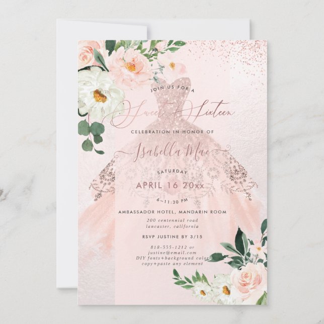 Rose Gold Sweet Sixteen Blush Watercolor Flowers Invitation (Back)