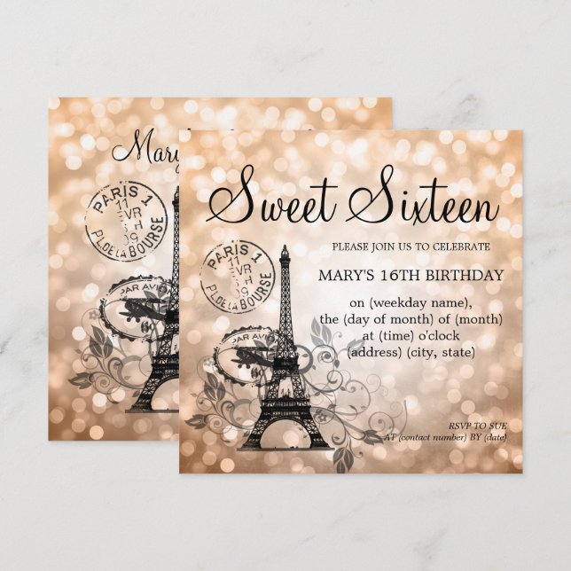 Rose Gold Sweet Sixteen Romantic Paris Glam Invitation (Front/Back)