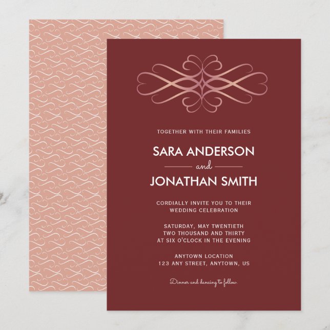 Rose Gold Swirls | Burgundy Wedding Invitation (Front/Back)
