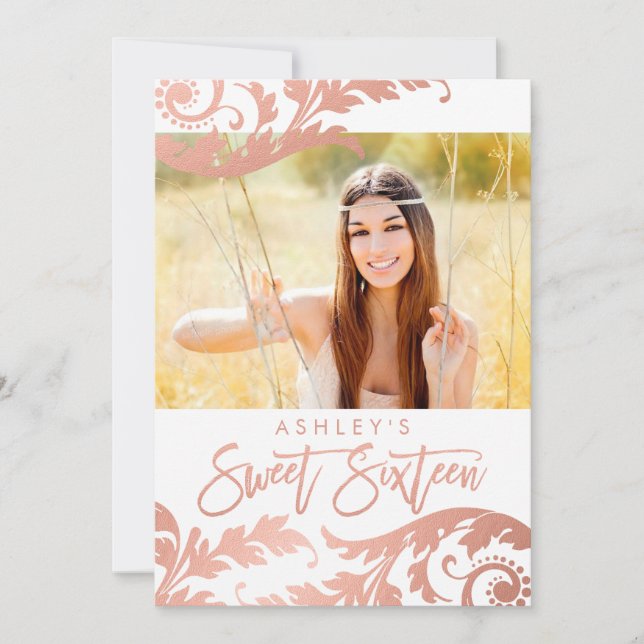 Rose Gold Swirls Photo Sweet 16 Invitations (Front)