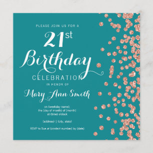 Rose Gold Teal 21st Birthday Glitter Confetti Invitation