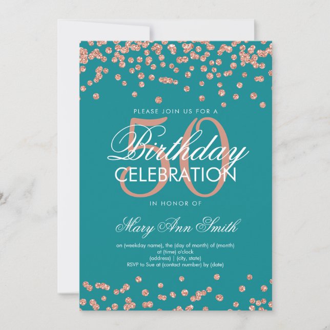 Rose Gold Teal 50th Birthday Glitter Confetti Invitation (Front)