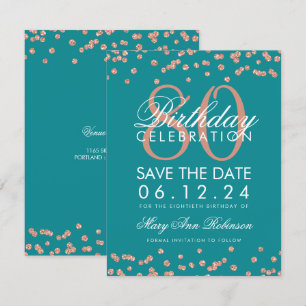 Rose Gold Teal 80th Birthday Save Date Confetti Invitation