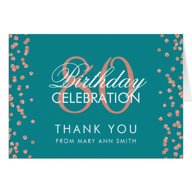 Rose Gold Teal 80th Birthday Thank you Glitter (Front Horizontal)