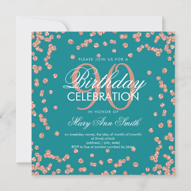 Rose Gold Teal 90th Birthday Glitter Confetti Invitation (Front)