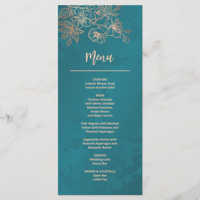 Rose Gold Teal Floral Line Art Wedding Menu (Front)
